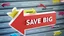 Placeholder: 3d red arrow pointing left, background where colorful arrows racing past lice nascar. "SAVE BIG" written in front arrow