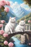 Placeholder: in the center: beautiful chunky fluffy white cats sitting on a bridge, under the brigde flows a small blue river; background: landscape with mountains and white clouds, butterflys flying in the sky; first plan: pink roses;