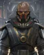 Placeholder: star wars bald male corellian pilot wearing pearlescent black and gunmetal grey First Order special forces heavy assault armor with gold and metallic red trim inside the jedi temple, centered portrait, hyperdetailed, dynamic lighting, hyperdetailed background, 8k resolution, volumetric lighting, light skin, fully symmetric details