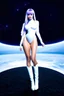 Placeholder: White woman with long purple hair, a good, athletic body, nice legs, and a large bust, dressed in a white latex mini suit and white boots, stay in an alien-like technological ship, black ground moon and stars