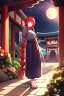 Placeholder: girl, masterpiece, best quality, cinematic lighting, detailed outfit, vibrant colors, perfect eyes, red hair, very long hair, braided ponytail, blue eyes, hakama, shrine, moon, starry sky, plants, stone walkway,