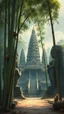 Placeholder: An old temple surrounded by bamboo trees with big ancient statues in India with monkeys here and there climbing , Busch painting style nightmare