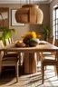 Placeholder: A dining table with chairs around it in a rustic style and warm color palette
