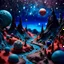 Placeholder: Detailed creepy landscape made of modeling clay, stars and planets, Roger Dean, Tim Burton, strong texture, Ernst Haekel, extreme detail, Max Ernst, decal, rich moody colors, sparkles, bokeh, odd