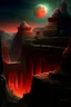Placeholder: Distant view of an ancient walled city sitting in a canyon as viewed from the rim of the canyon, the city is lighted by torches placed along the walls with windows high upon the wall, One window has a scarlet cord draped out reaching the ground, the sky is dark and surrealistic with planets and moons on the horizon, the rim of the canyon has armored soldiers laying in wait while 2 spies work their way down to the outside of the city wall where the scarlet cord hangs from the window above a cross