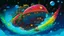 Placeholder: A picture of a anime studio ghibli style spaceship going supersonic through space, passing lots of cool planets, with lots of vibrant colours put us behind the spaceship and make it a smaller sized spaceship