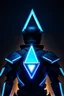 Placeholder: neon blue, floating triangle of light on the back, cyber armor, geometric patterns on armor, male, orbiting triangle