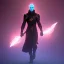 Placeholder: A commander in matte black robes with flaming eyes with flaming light blue pupils stands atop a squire Two infinity gauntlets contain six infinity stones, one of which is made with nano In the hands of a powerful man walking While standing on a majestic height from afar