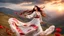 Placeholder: Hyper Realistic Photographic View Of A Beautiful Young Pashto Woman With Beautiful Eyes Lips & Nose (Wearing Beautiful White Frock With Red Flower Patterns On It Her Beautiful Long Hair Whirling In Air) Happily Whirling On Mountain-Top With A Valley Down, At Cloudy Sunset Showing Dramatic & Cinematic Ambiance.