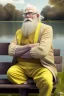 Placeholder: 1000-year-old old English man, wise face ,glasses, cynical look, yellow mustache, eyes expressing wisdom, white beard, wrinkled cheeks, precise details, pants with slacks, sitting on a bench in the garden, in the background of a lake with swans, outdoor shot, cinematic, UHD. 20K, 300 DPI