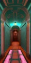 Placeholder: liminal dark hotel hallway flooded pink turquoise