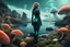 Placeholder: woman in a tight suit, on the shores of an alien world, with mushrooms with jellyfish tentacles, small plants and mossy rocks