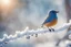 Placeholder: A beautiful colourful little bird catches a blue berry with its beak while standing on a snowy branch in sunshine, ethereal, cinematic postprocessing, bokeh, dof