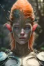 Placeholder: painting of an elven young woman with short light orange hair and freckles and tree tattoos on his cheekbones light armor, full body, ultra realistic, concept art, intricate details, eerie, highly detailed, photorealistic, octane render, 8 k, unreal engine. art by artgerm and greg rutkowski and charlie bowater and magali villeneuve and alphonse mucha