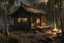 Placeholder: Ancient Chinese cabin in the woods with a bamboo forest nearby and a campfire Infront of it