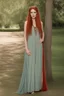 Placeholder: full body and headshot of a skinny Cleopatra, with long straight red hair, in a floaty dress, standing on a village green