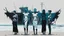 Placeholder: ((three)) determined cyberpunk women (wearing white khiton) standing in front of a boat wreck on a radioactive beach, acrylic painting, minimal art, centered, wild sparse brushstrokes, amazing verticals, great parallels, low bleak colors of gray, blue and black, excellent negative space contrasts