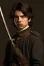 Placeholder: european brown hair young adult royal guard swordsman with rapier dieselpunk