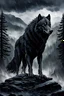 Placeholder: a big dark wolf in storm and rain stands on the big grey-black rock, a kingdom and forest siluette in the background