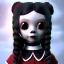 Placeholder: Jenna ortega as wednesday addams with wednesday addams dress,soft libstick, wednesday addams make up, overknee socks,fantasy art, dramatic lighting, highly detailed oil painting, volumetric lighting