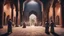 Placeholder: Hyper Realistic back-view of few men killing a man praying namaz with a sword inside a prehistoric-ancient-brick-mosque-with-ancient-islamic-architectural-patterns-crafted at night showing dramatic & cinematic ambiance