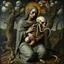 Placeholder: medieval painting depicts a decaying zombie Madonna figure with rotting flesh sitting upright while cradling a grotesque, otherworldly xenomorphic body with multiple tentacles. The zombie Madonna wears tattered, grey robes revealing decomposed skin, while the xenomorphic creature has pale, elongated segments and distorted features. The background shows a dark, twisted landscape inspired by Arnold Bocklin's composition style, with gnarled trees and swirling clouds reminiscent of Hieronymus Bosch