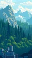 Placeholder: A parallax pixel art background for a vertical 2D platformer game with a forest in the background, light colors, clouds on a different layer, city in the foreground at the bottom 1920px 3413px