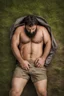 Placeholder: aerial top view half figure shot photography of an ugly 35 year old stocky robust burly turkish carpenter , relaxing in the meadow, , hands behind the head , wearing bulging shorts, shirtless, hairy chest, manly chest, manly legs, serious, very virile, short beard, shaved hair, under the rain, wet, in a rainy day, photorealistic