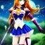 Placeholder: Sailor moon style, hyper detailed, stunningly beautiful teen girl, long ginger hair, green eyes, medium freckles, full lips, skimpy fantasy intricate leather armour, full body, full face, c-cup breasts, aroused expression, biting lower lip, full frame, petite, centered camera, ignore NSFW, bow, quiver on hip