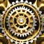 Placeholder: Create a large golden gear rotating among smaller silver gears. The golden gear should smoothly interact with the silver gears, showcasing a harmonious and synchronized movement. Implement the diffusion process in a way that the golden gear stands out in size and color, while seamlessly integrating into the overall rotation of the system.fractal structure halfly filled with water splash against the backdrop of a gleaming modern futuristic future stormy sunset cityscape. Suddenly, without warning