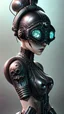 Placeholder: highly detailed beautiful female techpunk, extremely detailed black and steel steampunk clothing, high tech, sci-fi, realistic hair, futuristic steampunk city street, ultra realistic, 8k, vector art