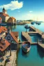 Placeholder: medieval fishing town, rocks, long piers, fishing boats, shops, blue sky