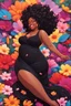 Placeholder: A sassy thick-lined oil painting style cartoon black female lounging lazily on her side, surrounded by colorful large flower petals. her curvy body silhouette a black maxi dress. Looking up coyly, she grins widely, showing teeth. Her poofy hair forms a mane framing her confident, regal expression.