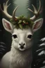 Placeholder: photorealistic; portrait Cute fantasy white Christmas fawn wearing a wreath around neck; big pine trees all around; in the style of Sebastio Salgardo