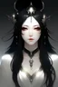 Placeholder: Goddess of Death inspired woman with black hair and silver eyes in the style of Honkai: Star Rail. Very pale and elegant demeanor