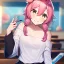 Placeholder: Clear focus, High resolution, a anime adult, cute, cartoony style, smiling, hair between eyes, holding a pencil, small forhead, female, medium length hair, long locks, lots of bangs, teacher, wearing a off shoulder shirt, no spaghetti straps, peach hair colour