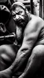 Placeholder: full figure shot photography of a dirty ugly burly stocky angry sweat iranian worker of a mining truck, 48 year old man, hands behind the head relaxing , manly chest, goatee, long hair with ponytail , sitting on an old sofa, boxer, bullneck, big feets, big tights, manly tights, sharp focus, street photo, angry eyes, intricate details, highly detailed, photorealistic, frontal view from the bottom, ambient occlusion