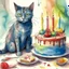 Placeholder: birthday party with a Malevolent cat next to the cake in watercolor paint
