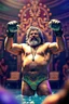 Placeholder: airbrush with pen outline, hulk Saddam Hussain,swimsuit hippie in his palace raised hands with boxing gloves having fun in a festival in the 60s, goa psy ambient in the style of vangelis and fsol, source vibrations, bokeh like f/0.8, tilt-shift lens 8k, high detail, smooth render, down-light, unreal engine, prize winning