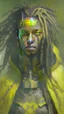 Placeholder: A woman has tanned skin, yellow eyes and black dreads. Her face show her superiority in the eyes of others. She is dressed in an armor with a few pieces of yellow and green cloak sticking out.