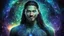 Placeholder: beautiful gorgeous young man na'vi with long hair, Avatar, blue skin, two small ears, green eyes, black hair, in cosmic suit, galactic ambiance, medium pointy goatee , smiling, nebulas and sacred geometry light figures on the backgroud,