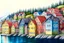 Placeholder: Colored pencil drawing, Very detailed, Drawing of the colorfull houses in the city Bergen in Norway. Colorfull, professional, detailed, pencil strokes, calm composition, zoom out., houses in a row. water on foreground, mountains on the background.