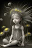 Placeholder: pencil and charcoal sketch of a cute happy little dandelion fairy girl, Mucha inspired emotional nature ephemeral sculptures of Andy Goldsworthy, tiny human form, essence captured as if created by surrealist photographer Noel S Osvald rendered in bright ombre colors, mixed with influences by John Bauer and Tim Burton, faded dark grey background, minimalistic art, with details that reflect advanced rendering techniques that push the drawing's realism even further Modifiers: trending on Artstation