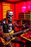 Placeholder: A fire starts in a radio studio, a Terminator T800 drums, a radio host of a hard rock show plays guitar, the host wears a gas mask and a black Iron Maiden shirt.