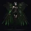 Placeholder: Full body, gothic woman with a bob with a fringe hairstyle, steampunk metal moth wings, green markings, black background