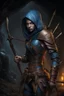 Placeholder: female, blue skin, yellow eyes, spider legs behind back, brown leather armor, holding bow, quiver of arrows, hood, black hair, hyper realistic, ruthless expression, stalking in the dark cave, dim glowing fungus