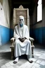 Placeholder: portrait of tall god looks like human but 4 times bigger than normal humans with shining eyes in aba, clothes like Arabs in temple. Their face is covered in white shall only their eyes are out. Sitting on a stone chair by Dali