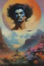 Placeholder: mugshot, Planet of the Vulcans, multicolored, large, floral designs, atmospheric, beautiful, oil painting by Frank Frazetta, 4k UHD, Photorealistic, professional quality