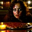 Placeholder: Spooky, ultra realistic distress, dining, ultra realistic hot woman, nose, melted red ice, giant eye on a table, organic hot bondes, dynamic, anguish, excited and lively scene, hypermaximalist figures, Creepy the Ring Alfred Hitchcock, Sam Raimi, insanely detailed, sinister, John Carpenter, Dario Argento, ornate