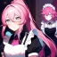 Placeholder: Clear focus, 8k, beautiful lighting, vibrant colors, girl, pink hair, long hair, vibrant white eyes, ponytail, messy hair, nervous, looking away from you, hair in between the eyes, maid,